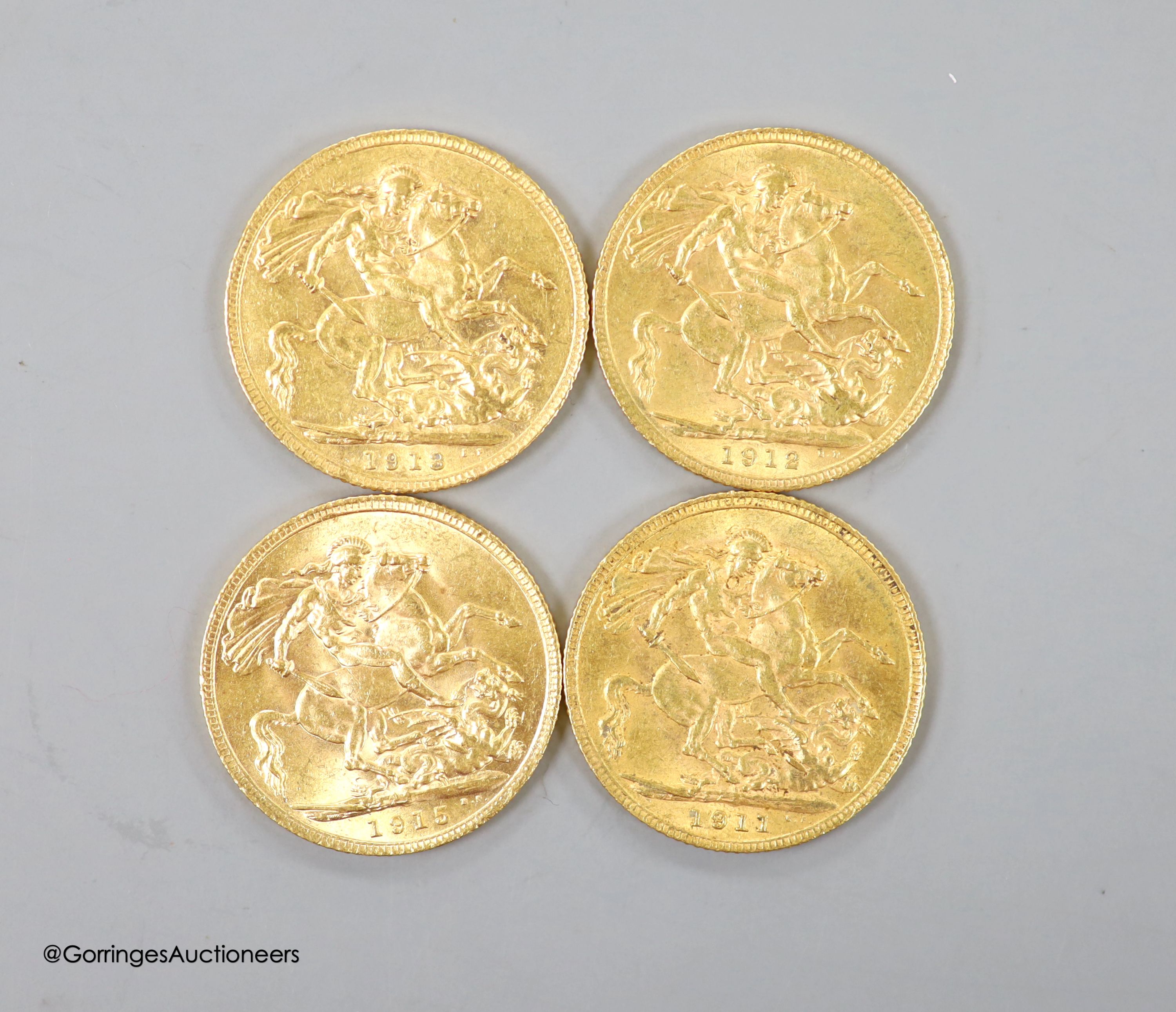 Four George V gold sovereigns, 1911, 1912, 1913 and 1915